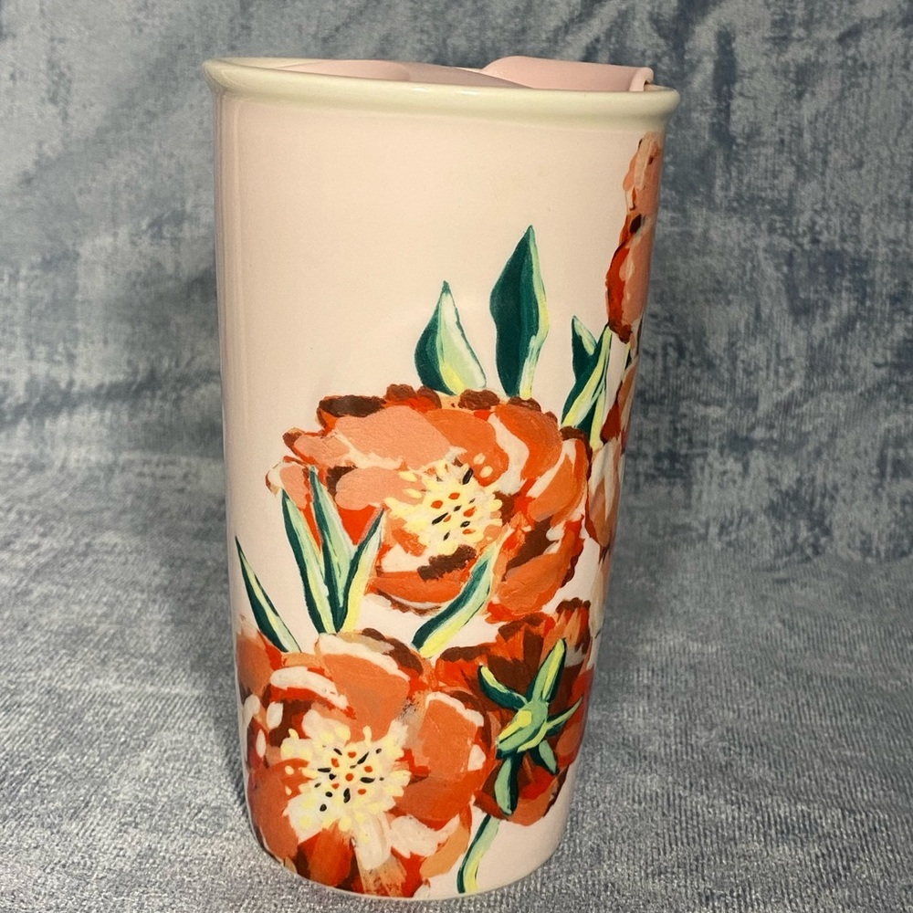 2015 Starbucks Floral Travel Tumbler w Lid Ceramic White w Red Pink  10 oz.
